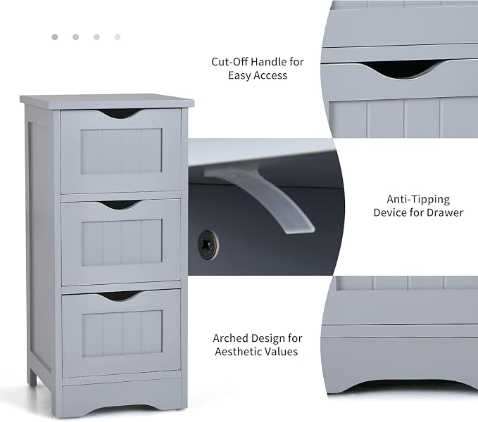 Floor Cabinet with 3 Removable Drawers & Anti-Toppling Device, Small Bathroom Storage Cabinet for Bathroom Home Office Living Room Bedroom(Grey)