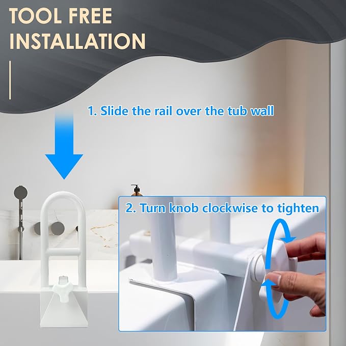 Bathtub Safety Rail, Heavy Duty Bath and Shower Grab Bar for Seniors and Elderly, Safety Assistance Bathtub Handle with Adjustable Clamp, Fits Tub Width 3 to 7 Inches, Supports Up to 300lbs