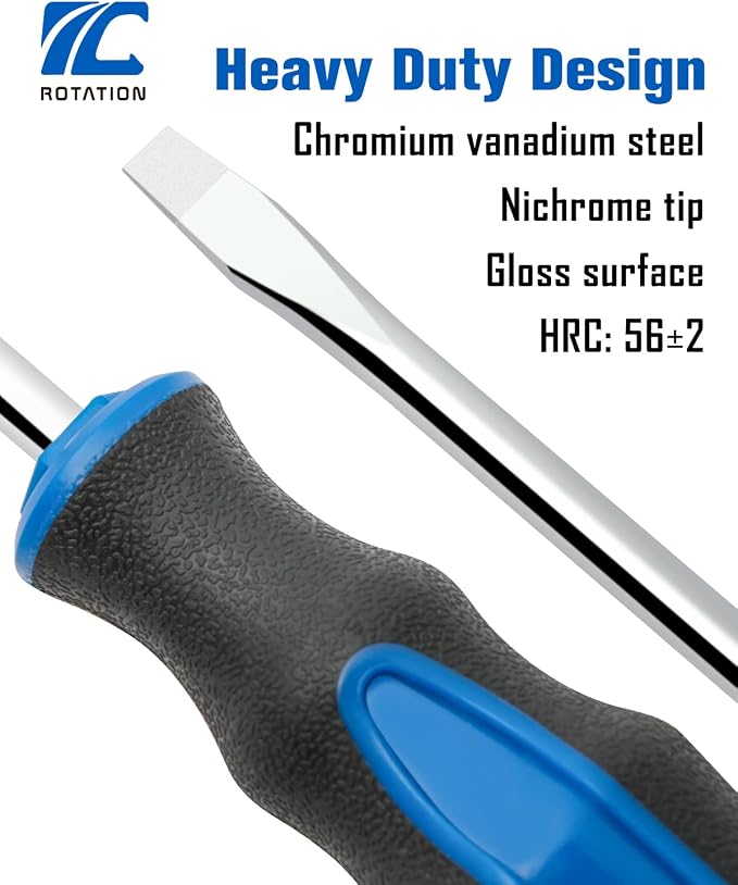 ROTATION 8-Piece Magnetic Screwdrivers Set with Nichrome tip, 4 Phillips and 4 Slotted Tips, Professional Cushion Grip Screwdriver Set with High Torque (8pc Silver Tip Gloss)