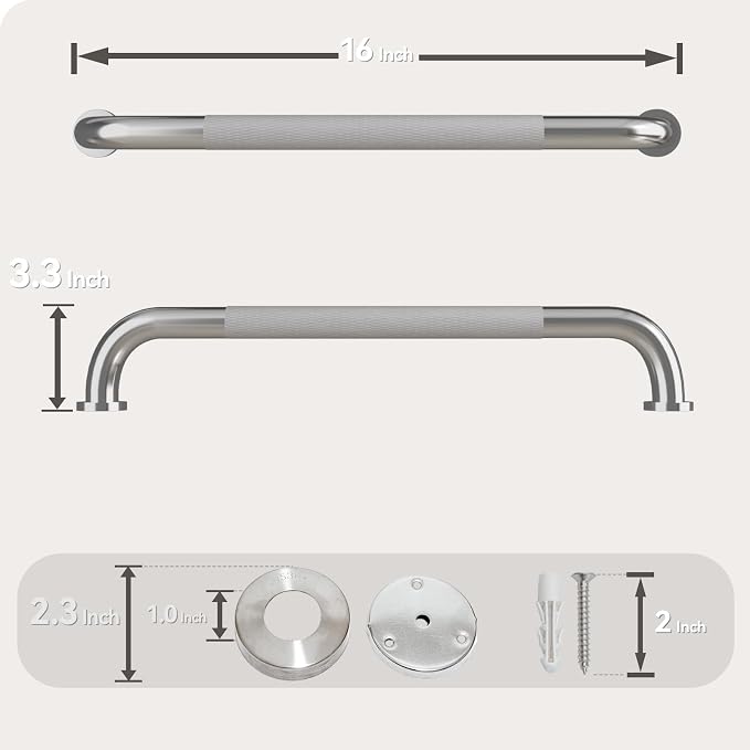 16 Inch Shower Grab Bar, Bathroom Grab Bar Handle with Anti-Slip Knurled Grip, Stainless Steel Bath Balance Bar, 1.0" Diameter Bath Safety Bar Support for Seniors Elderly Pregnant, Brushed Nickel