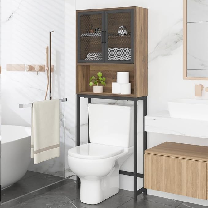 Launica Over the Toilet Storage Cabinet, Over Toilet Bathroom Organizer with Mesh Doors and Shelves, Freestanding Bathroom Storage Cabinet Above Toilet, Wood and Metal, Rustic Oak