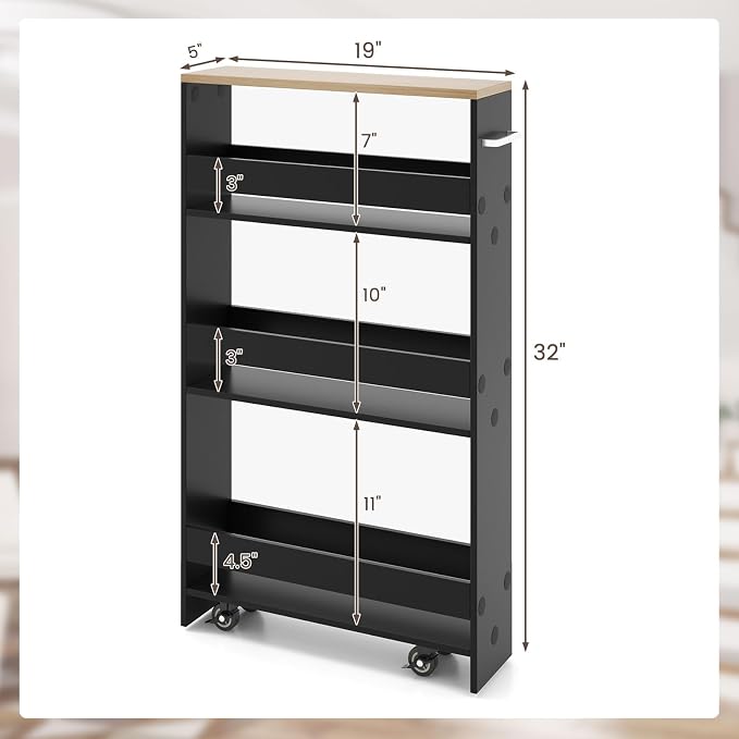Giantex 4 Tier Rolling Slim Storage Cart, 5" Narrow Slide Out Kitchen Cart w/Handle & Open Shelves, Space-Saving Compact Mobile Utility Trolley for Small Space Laundry Room (Black & Natural)