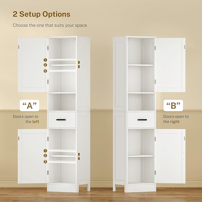 TEENFON 67" H Bathroom Storage Cabinet with Barn Doors & Adjustable Shelves, Bathroom Cabinet with Drawer, Narrow Bathroom Storage Unit, Floor Cabinets for Living Room, Kitchen, White