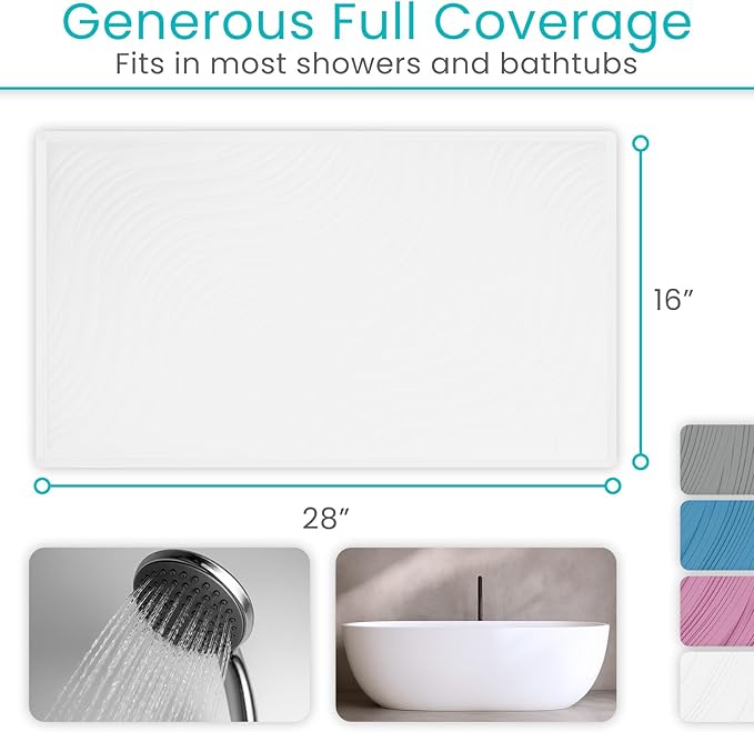 Vive Non-Slip Bath Mat with Suction Cups - 28" x 16" Extra Large Rubber Mat for Safety & Comfort - Patented Grip Prevents Slips and Falls for Kids, Elderly, Men, Women - XL Non Skid Shower & Tub Cover