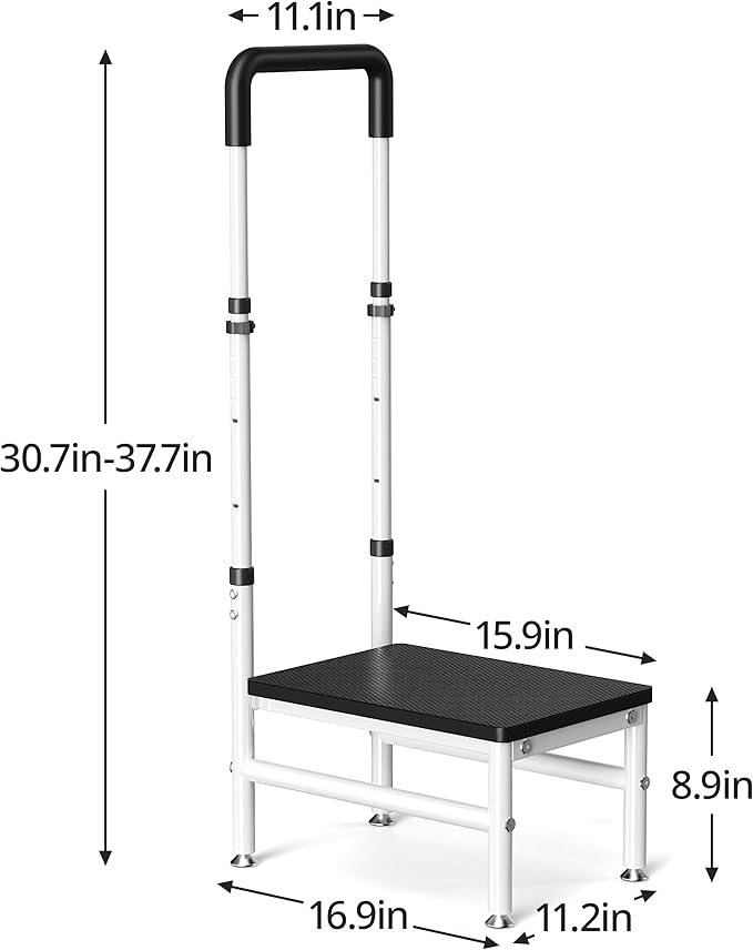 Step Stool with Handle for Adults and Seniors, Heavy Duty One Step Wooden Platform Stool with Adjustable Handrail, Wide Non Slip Footstool for Bedside, Bathroom and Home
