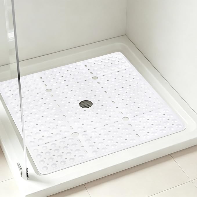 ZOESOE Square Shower Mat Non Slip: 27 x 27 Inches Large Shower Mats for Inside Shower, Soft TPE Shower Floor Mat with Suction Cups and Drain Holes, Machine Washable