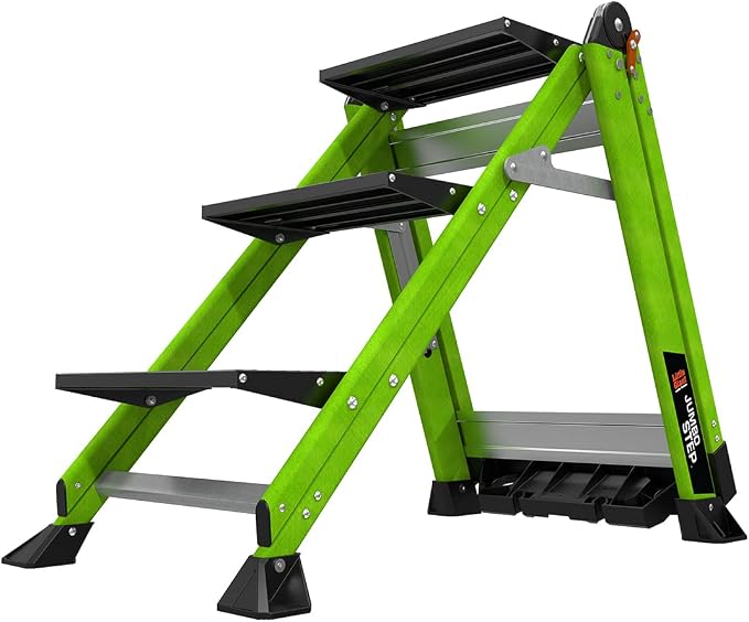 Little Giant Jumbo Step 3-Step Foldable 3-Ft Fiberglass Stool, Non-Conductive, Hi-Viz Green Rails, Extra-Wide Stair-Like Treads, Rotating Handrail, 375 lb. Type IAA, 11933