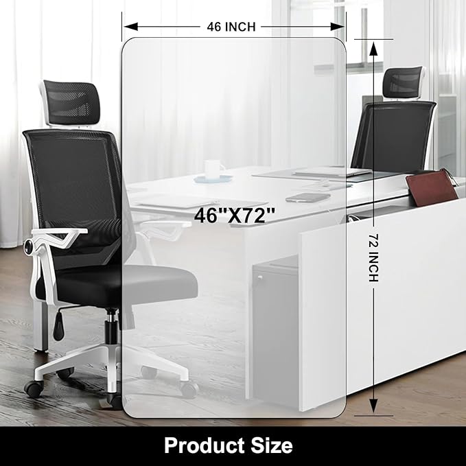 Kuyal Office Chair Mat for Hardwood Floor, 46'' x72'' Rectangle Transparent Desk Thick Durable Chair Mat for Rolling Chairs, Easy Glide, Floor-Protector