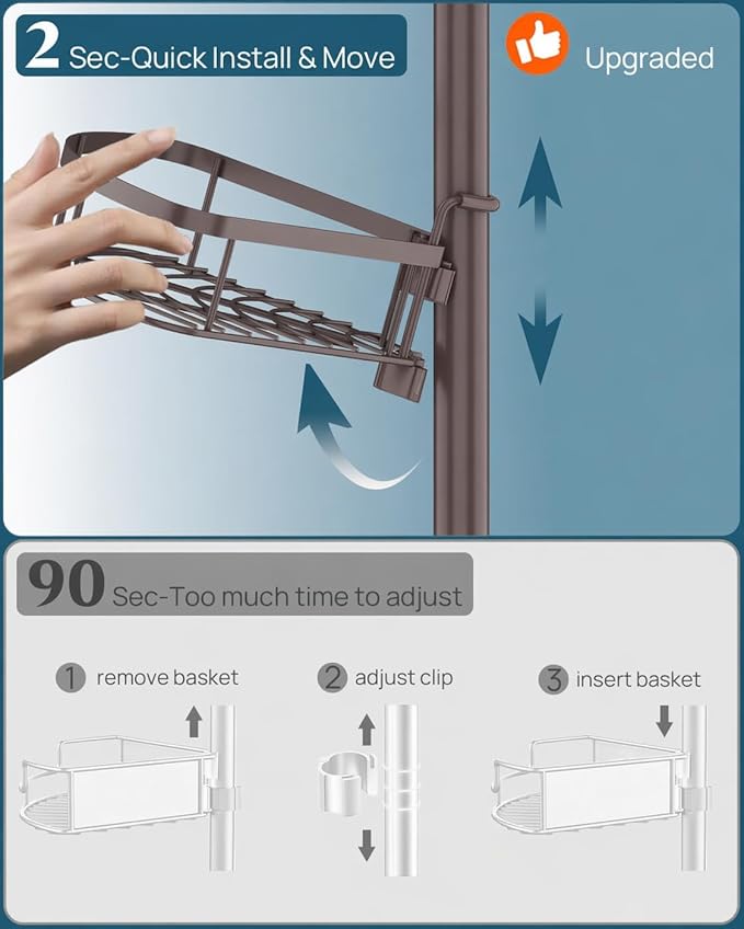 SEIRIONE Rustproof Shower Corner Caddy Organizer for Bathroom, Tension Pole with 4 Baskets, for Bathtub Storage Rack, 34 to 116 Inch Height, Bronze