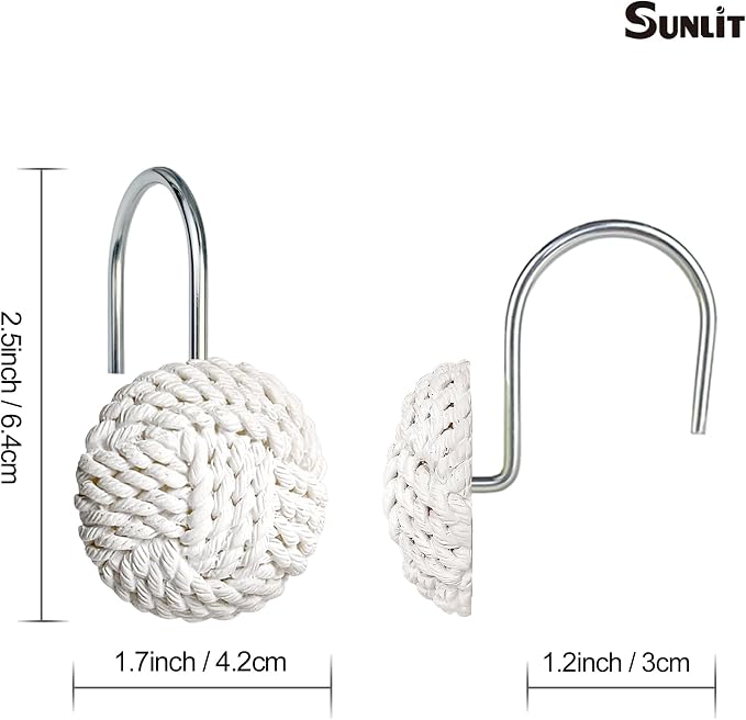 Sunlit Boho Knots Shower Curtain Hooks, Home Decorative White Shower Curtain Rings for Bathroom, Seaside Nautical Shower Curtain Hangers Bathroom Accessories, Set of 12