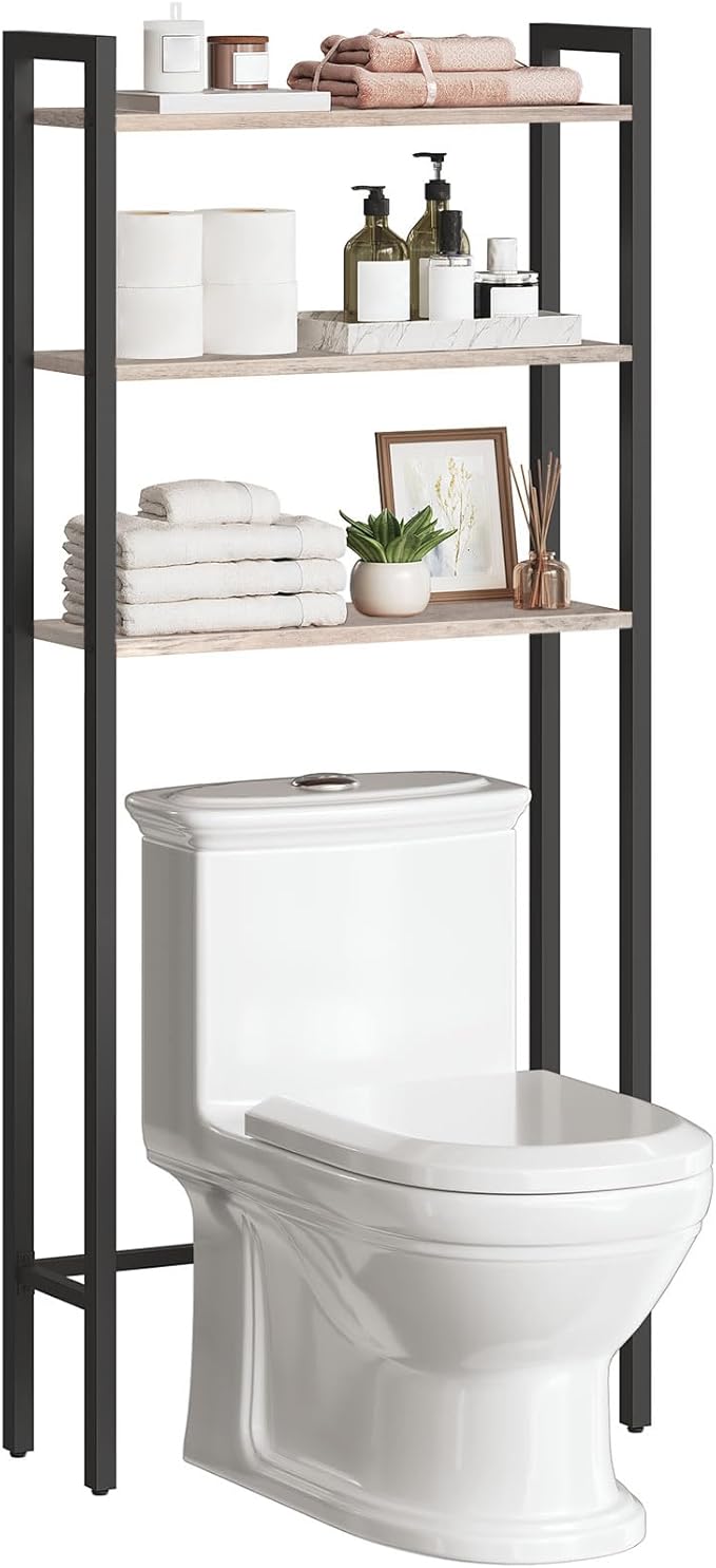 HOOBRO Over The Toilet Storage, 3-Tier Bathroom Organizer Shelf Over Toilet, Freestanding Bathroom Storage Shelves, Space Saver, Easy to Assemble for Room, Greige and Black BG41TS01