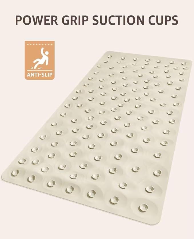 Bligli Bathtub Mat Non Slip, 16x40 inch Extra Long Bath Tub Mat with Strong Suction Cups, Soft Rubber Bathroom Floor Mat, Machine Washable, 100% BPA Free (Beige)