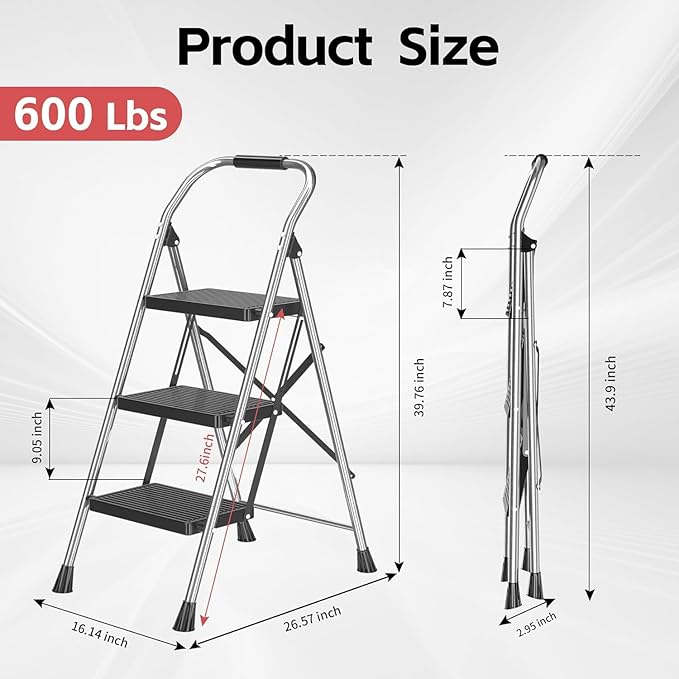 600Lbs Heavy Duty Step Ladder Foldable Folding Stool - for Home Adults Kitchen 3 Stepping Extension Tall with Handrails - Closet Stepstool Stair Ladders Extendable Stepladder for Indoor House