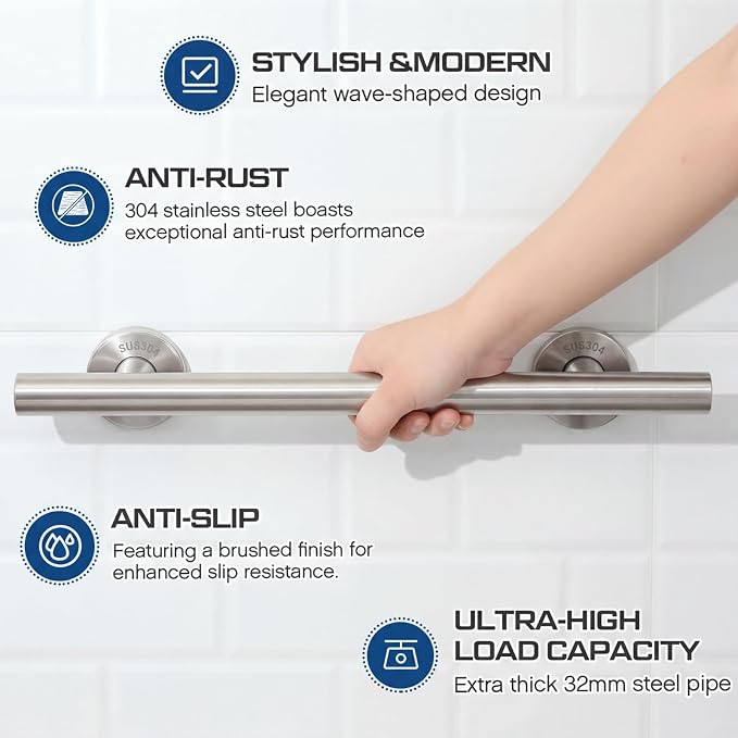 Zonon 2 Pack Shower Grab Bars, 24 Inch Heavy Duty Stainless Steel Bathroom Safety Grab Bar with 1.25" Diameter, Wall Mounted Anti-Slip Safety Handle for Seniors Elderly Handicap, Bathtub Toilet Step