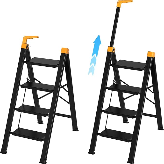 4 Step Ladder with Single-Handrail, Aluminum Step Stool Foldable, Lightweight Sturdy Step Ladder with Anti-Slip Pedals,Convenient Handrail for Home Kitchen Closet, 600lbs Max Load Capacity (Yellow)