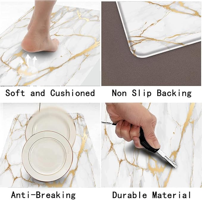 Mrcrypos Marble PVC Leather Kitchen Rug Runner Waterproof Non Slip Cushioned Standing Mats Anti Fatigue Oil Resistant Kitchen Comfort Mats for Floor,Sink,Laundry,Office 17"x47" Luxury Marble Gold