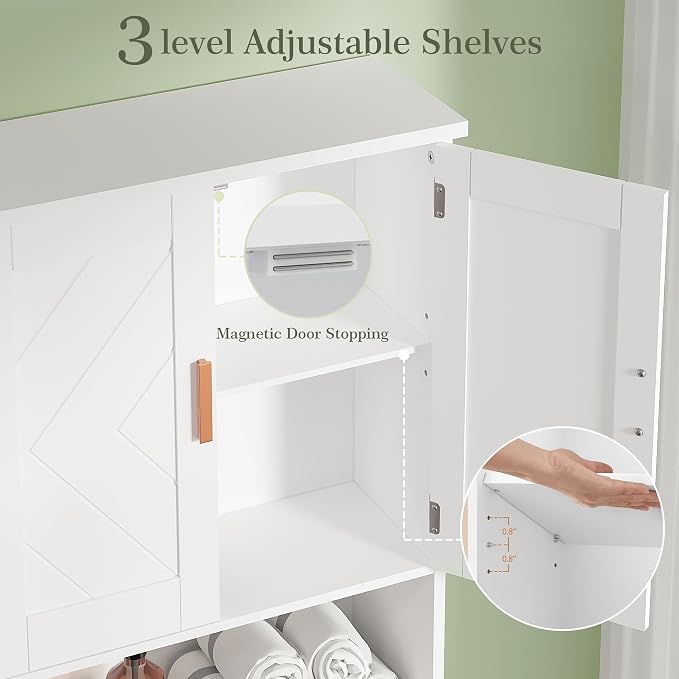 VECELO Over The Toilet Storage Cabinet, Over Toilet Bathroom Shelf with Double Doors and Anti-Tip Device, Inner Adjustable Shelf, White