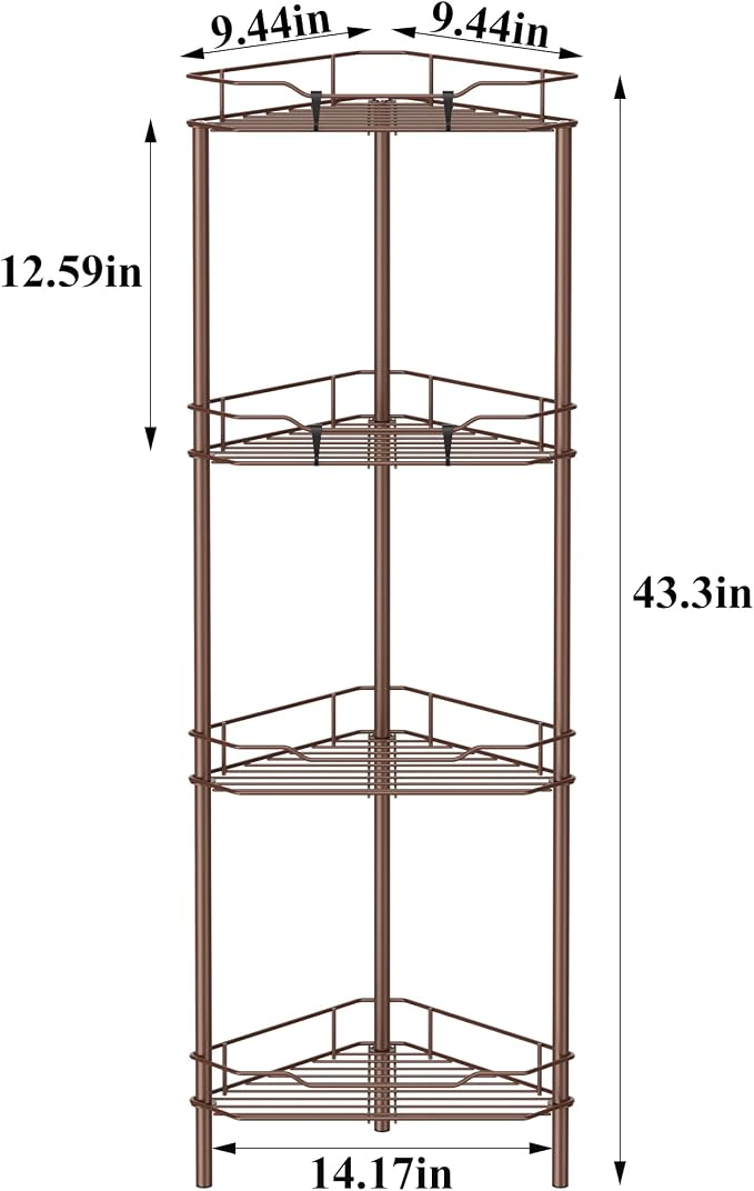 HuggieGems 4 Tier Floor Standing Corner Shower Caddy Organizer Shelf with Hooks, Bathroom Shelves Stand Rack, Coffee
