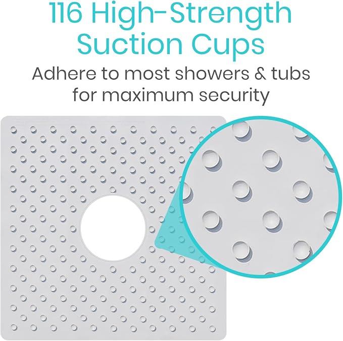 Vive Shower Mat - 22" by 22" Square Non Slip Large Bath Mat for Bathtub - Patented Design - Suction Cup Traction Skid Pad for Stalls Floors Tub - Textured Rubber with Drain Hole