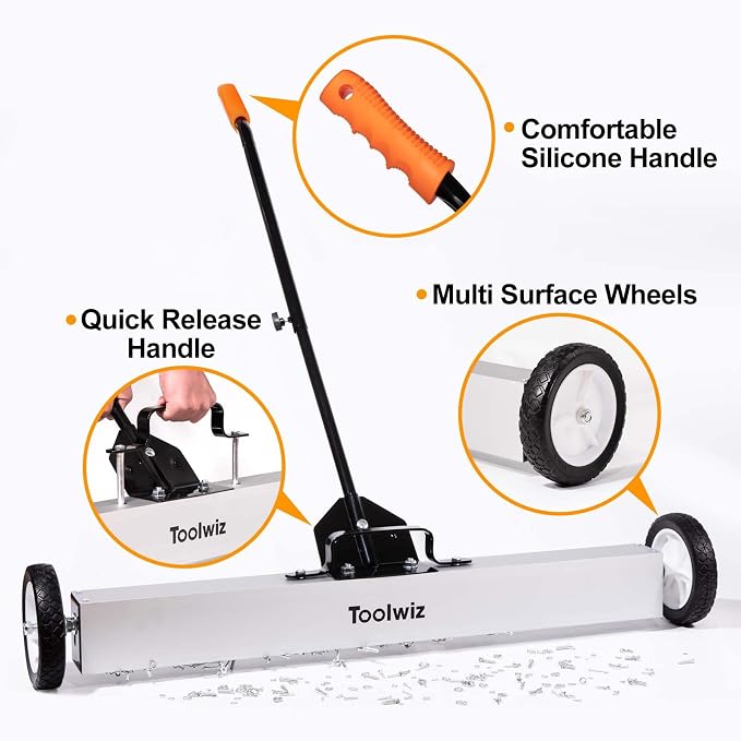 Toolwiz 36'' Magnetic Sweeper with Wheels, 50 Lbs Capacity Rolling Magnetic Floor Sweeper with Telescoping Holder and Quick Release Latch Industrial Heavy Duty Metal Pick Up 36 Inches