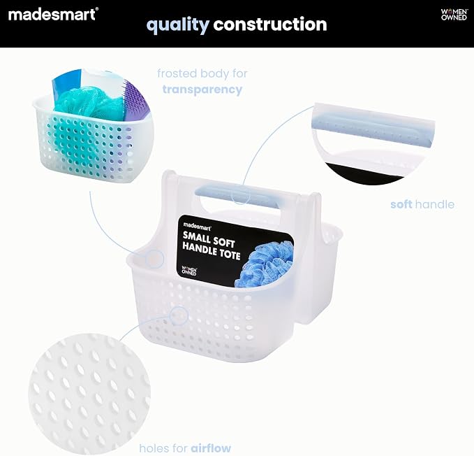 madesmart Portable Shower Tote, Hold Soap, Shampoo, Hair Supplies and Beauty Products, Cleaning Supplies Organizer for Home, Dorm, Plastic Shower Tote, Soft Handle, Blue
