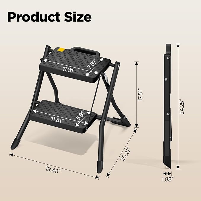 URACKIFY 2 Step Stool Foldable, Step Ladder with Non-Slip Rubber mat, Step Stool with Release Button, Lightweight Steel, Black, for up to 330LBS.