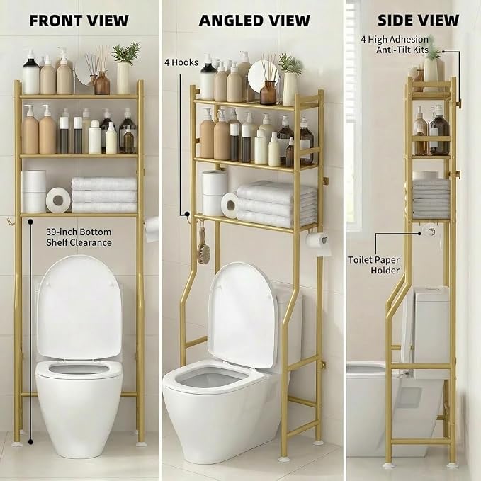 GloTika 3-Tier Over Toilet Storage with Anti-Tilt Safety System - 150lb Total Capacity Metal Bathroom Shelves Including Paper Holder & 4 Hooks, Space Saving Above Commode Organizer (64" H, Gold)