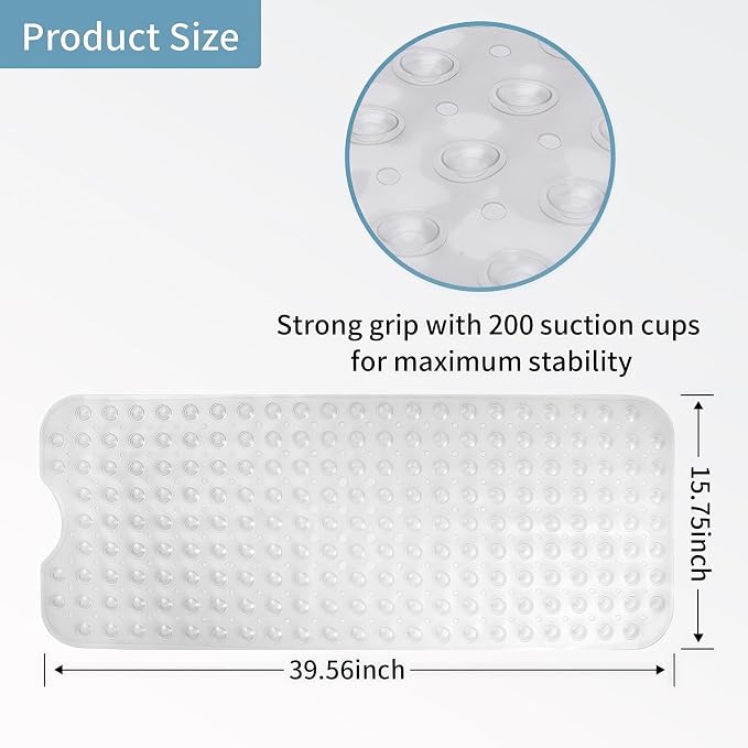 Bath Tub Shower Mat,Non Slip Machine Washable Bathroom Mat,Suction Cups and Drain Holes for Easy Cleaning,39.56 X 15.75 Inches(Transparent)