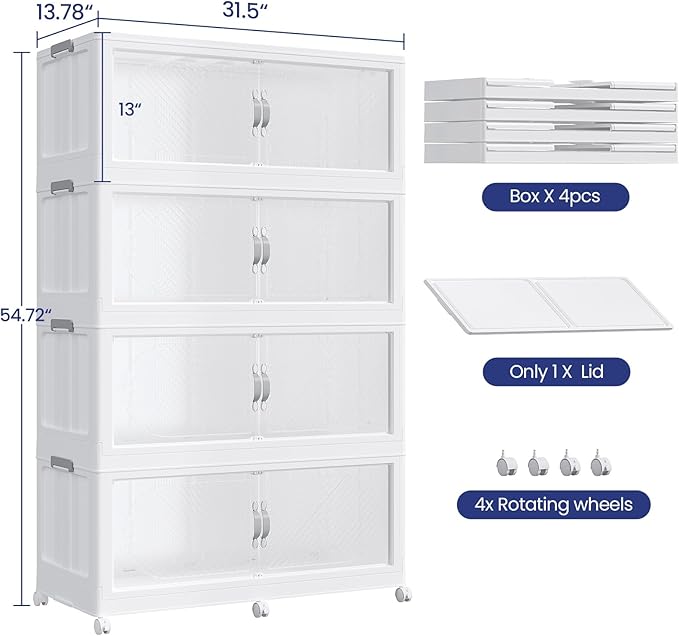 480QT Extra Large Stackable Storage Bins with Lid, 120Gal Plastic Closet Organizers and Storage Drawer, Collapsible Cabinet Box with Wheels Clear Doors for Home Kitchen Office, 3Pack White