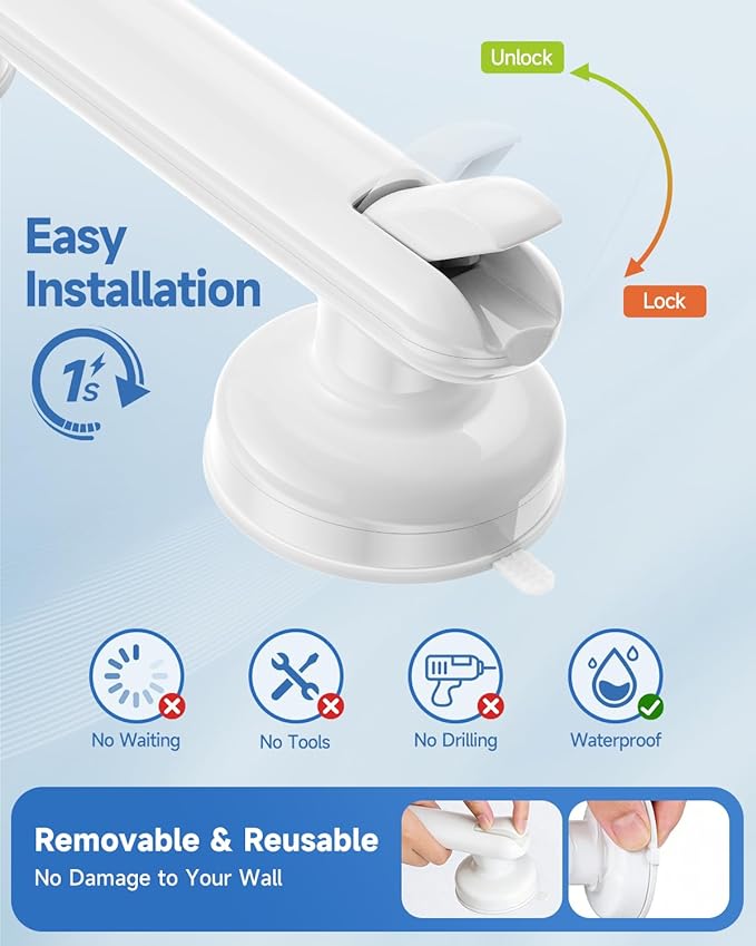 2 Pack Suction Cup Grab Bars for Bathtubs and Showers, 11 Inch Bathroom Safety Grip No Drilling & Waterproof, 230lbs Shower Handle Removable Bath Handrails for Seniors and Elderly, White