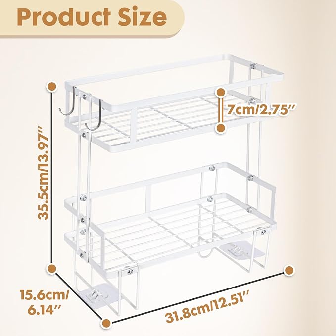 ShellKingdom Over The Toilet Storage Shelf, 2 Tier Toilet Paper Holder Stand Shelves, Punch-Free Bathroom Storage Rack with 2 Hooks, Small Space Organizers for Bathroom, Home, Countertop, White