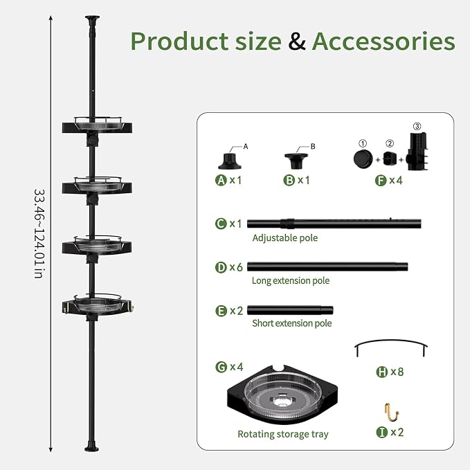 YCIA&DONE 360° Rotating Shower Caddy Tension Pole, 4 Tiers Corner Shower Organizer for Bathroom Shelf Bathtub, Adjustable Standing Shower Rack, Easily Assemble, 34-124 Inch Height, Black