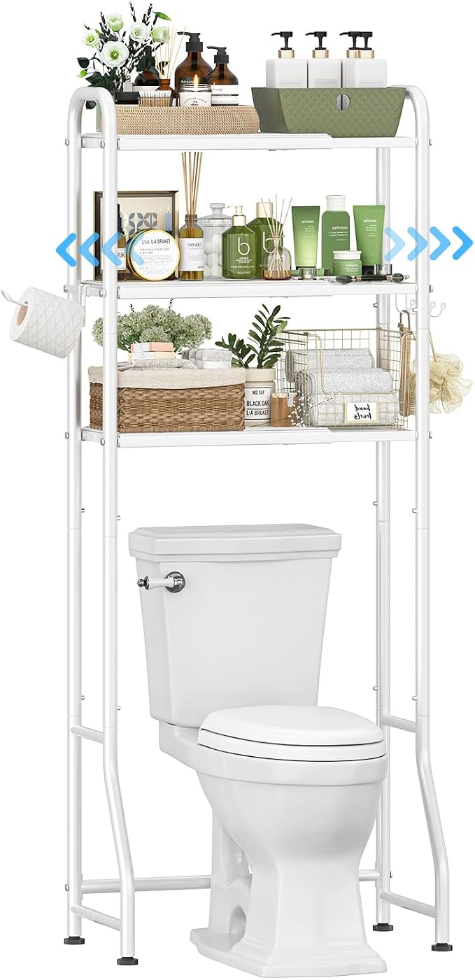 Simple Trending Expandable Over The Toilet Storage Rack, Metal 3 Tier Bathroom Organizer Shelf with Paper Holder and 3 Hooks, White
