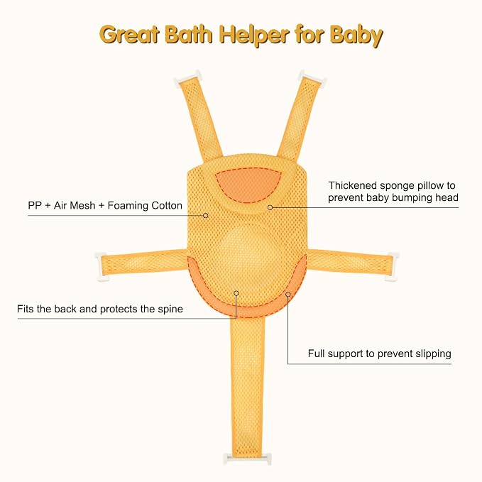 Colorlife Baby Bath Seat Support Net Infant Bathing Seat Support Mat, Adjustable Comfortable Non-Slip Five-Pointed Baby Shower Net Bathtub Sit Up Mesh for Newborn 0-12 Months-Yellow(No Bathtub)