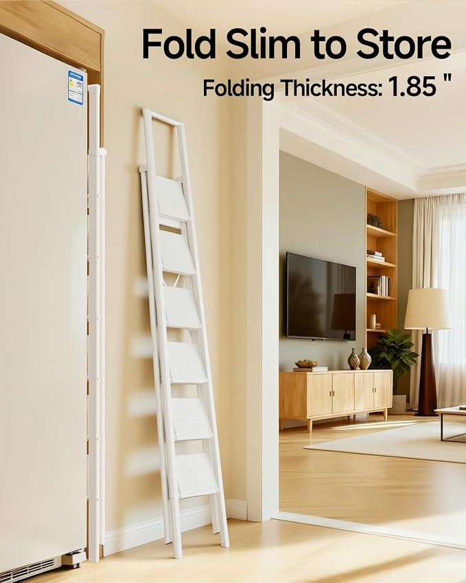 SOLADDER 6 Step Ladder with Handrails, Anti-Slip and Foldable Step Stool with Widen Pedals, Portable Stepladders for Home, Kitchen and Indoor, Space Saving -300lbs (White)