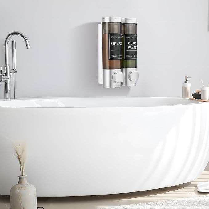 Shampoo and Conditioner Dispenser,Unisence Shower Dispenser 2 Chamber No Drill Wall-Mounted Shampoo Dispenser for Shower Wall Mounted Body Wash Dispenser for Bathroom Hotel Large Capacity,Silver