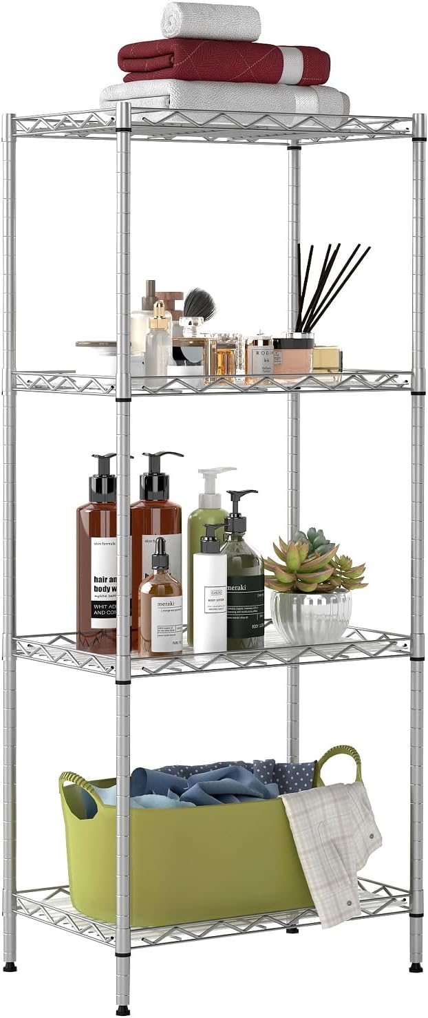 BestOffice | 4-Tier Wire Storage Shelves | 12"D x 18"W x 44"H | Chrome | with Adjustable Racks PP Liners | Compact Metal Shelf, Holds Upto 600 lbs | Ideal for Kitchens Closets Bathrooms Small Corners