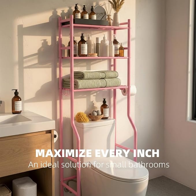 GloTika 3-Tier Over Toilet Storage with Anti-Tilt Safety System - 150lb Total Capacity Metal Bathroom Shelves Including Paper Holder & 4 Hooks, Space Saving Above Commode Organizer (64" H, Pink)