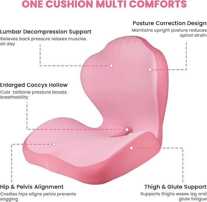 Lumbar Support Pillow for Office Chair for Women, Pink Seat Cushion for Back Support, L-Shaped Memory Foam Chair Pad for Sciatica Relief, 3.95in Thick Seat Riser with Breathable Washable Cover