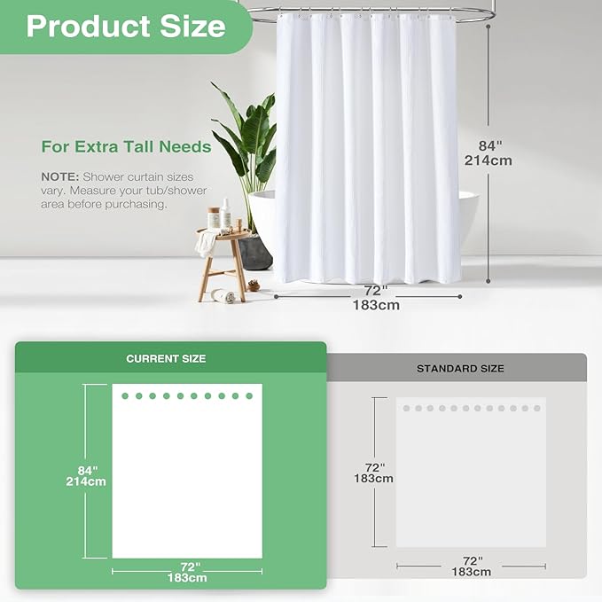 Dynamene Extra Long Fabric Shower Curtain - Waffle Weave 84 Inches Long Heavy Duty Cloth Shower Curtains for Bathroom, 256GSM Tall Hotel Luxury Bath Curtain Set with 12 Plastic Hooks(72Wx84H, White