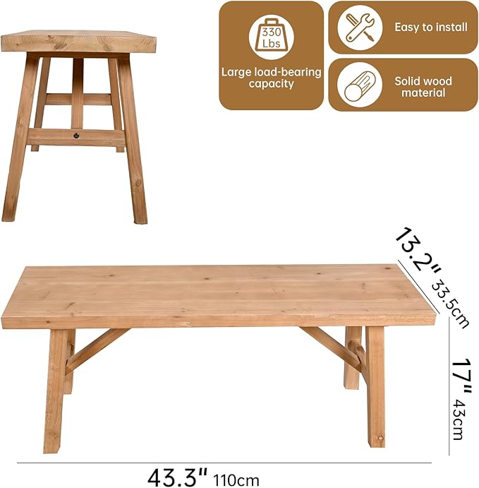 SwallowLiving 43" Solid Wood Entry Bench - Rustic Farmhouse Style Hallway Seating for Living Room, Dining Room Entryway - Handcrafted Natural Finish