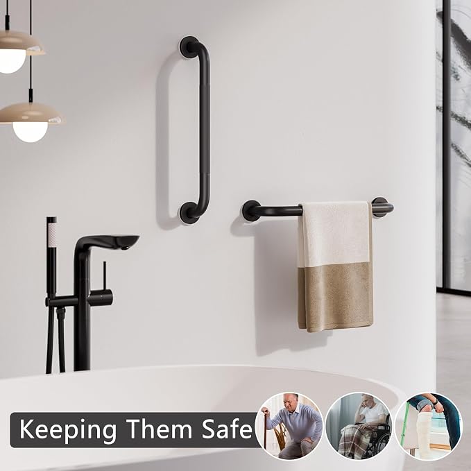 2 Pack Grab Bars for Bathtubs and Showers, NEWRAIN 16 Inch Stainless Steel Wall Bathroom Shower Handle, Anti Slip Black Safety Bars Toilet Handicap Elderly Senior Assist Bath Saft Hand Rail