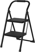 2 Step Ladder for Kitchen Step Stool, Lightweight Folding Step Stool with Curved Safety Handrail, Auto-Lock Mechanism & Non-Slip Wide Pedals, Slim 2 Step Ladder Foldable for Home Indoor（Black）