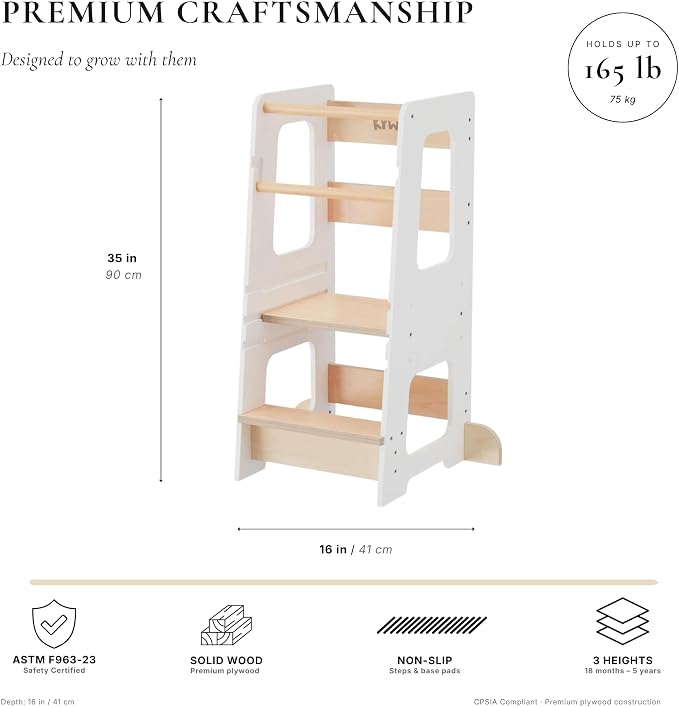 Toddler Tower for Kids, Adjustable Wooden Standing Tower & Kitchen Step Stool, Anti-Tip Montessori Tower with Removable Safety Rails & Non-Slip Steps - Sustainable Reclaimed Wood (White)