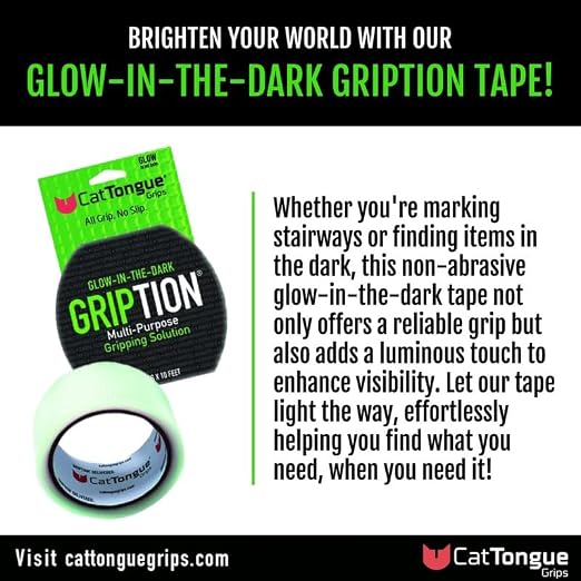 CATTONGUE GRIPS Non-Abrasive Grip Tape Roll - 2” Wide Heavy-Duty, Waterproof Anti-Slip Tape for Bathtubs, Stair Treads, Ramps & More - Indoor & Outdoor Non-Skid Solution (Glow, 10ft)