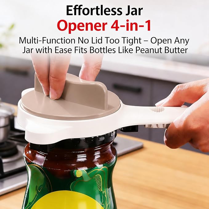 New 4-in-1 Retractable Jar & Bottle Opener, Adjustable Stainless Steel Lid Remover with Non-Slip Grip for Seniors,Multi-Functional Jar Opener with Ergonomic Handle for Kitchen Jars Cans Bottles(Brown)