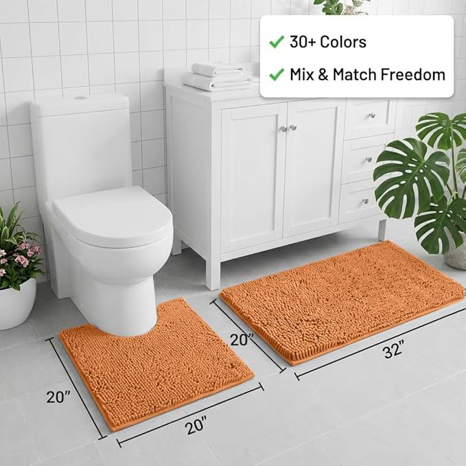 Bathroom Rugs Sets 2 Piece,Super Absorbent Chenille Bath Mats and U-Shaped Toilet Rug,Strong PVC Non Slip Backing,Microfiber Washable Dry Quickly Bath Mats for Bathroom(20"x32"+20"x20"U, Champagne)