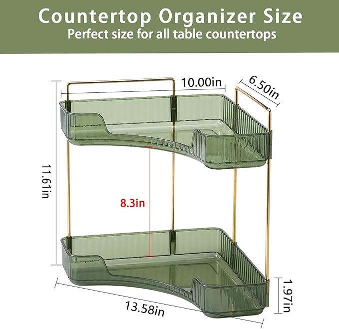 shuang qing 2-Tier Corner Bathroom Counter Organizer – Storage Shelf for Makeup, Perfume & Skincare, Space-Saving Countertop Tray Fits Bathroom, Dresser, Kitchen (Green)