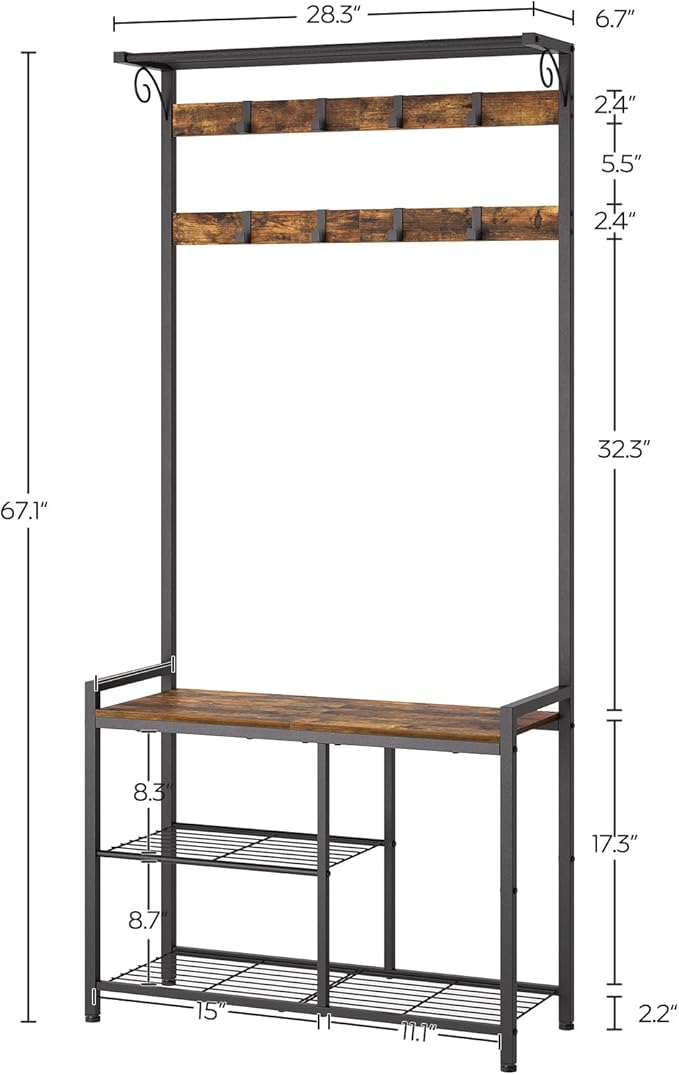 YATINEY Coat Rack Shoe Bench, 4-in-1 Hall Tree with Storage Shelves and Hanging Rod, Entryway Storage Organizer with 8 Movable Hooks, for Entryway, Hallway, Corridor, Rustic Brown and Black MT12BR