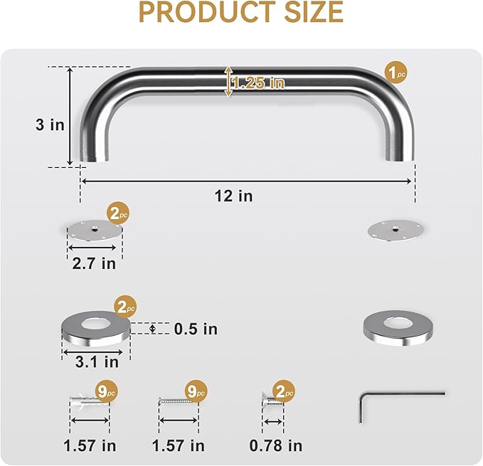 AmazerBath Shower Grab Bars for Seniors Anti Slip, Bath Safety Grab Bar for Needy, Stainless Steel Bathroom Safety Grab Bars, Thickened Bar Bigger Base Holds 500LBS, 12" L x 1.25" D, Brushed Nickel